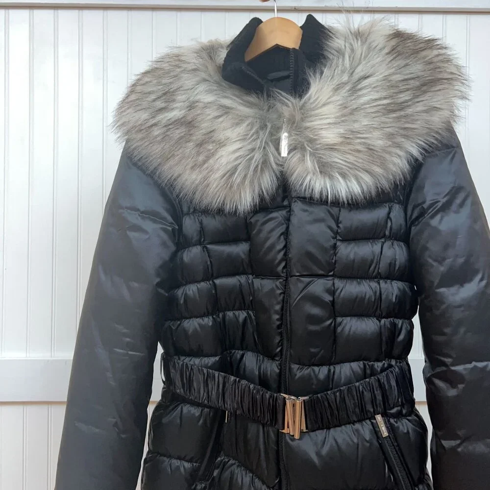 Betsey Johnson Women's M Black Puffer Coat Faux Fur Collar Warm Winter Jacket - Picture 4 of 12